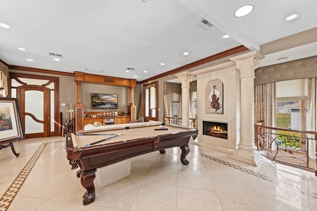 35 Jeffrey Pl, Staten Island, NY 10307 - recreation room featuring crown molding, inlaid floor details, a fireplace, billiards table, and ornate columns