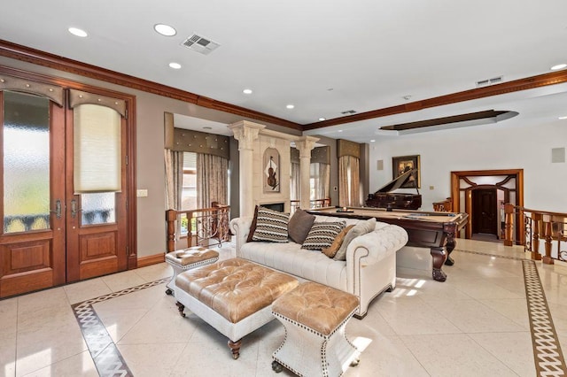 35 Jeffrey Pl, Staten Island, NY 10307 - living room with inlaid floor details, light tile patterned floors, french doors, billiards, and crown molding