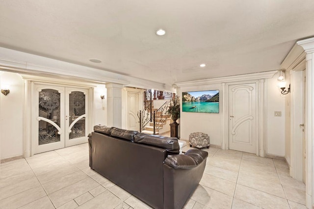 35 Jeffrey Pl, Staten Island, NY 10307 - living area featuring light tile patterned flooring, recessed lighting, stairs, and french doors