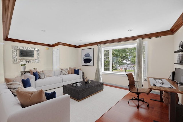 98 N Evarts Ave, Elmsford, NY 10523 - living room featuring crown molding, wood finished floors, and an office area