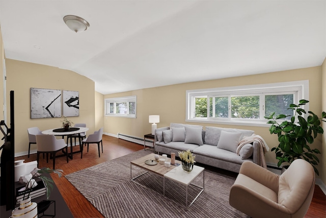 98 N Evarts Ave, Elmsford, NY 10523 - living room featuring a baseboard radiator, vaulted ceiling, and wood finished floors