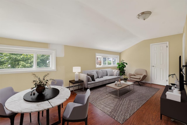 98 N Evarts Ave, Elmsford, NY 10523 - living area featuring lofted ceiling, a baseboard radiator, and wood finished floors