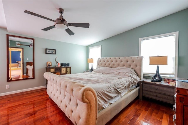 137 Jefferson St, Inwood, NY 11096 - bedroom with dark wood-style floors, vaulted ceiling, and ceiling fan