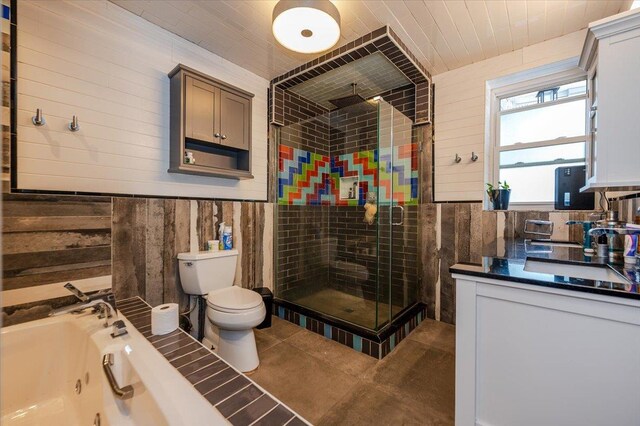 137 Jefferson St, Inwood, NY 11096 - bathroom with wooden walls, vanity, a stall shower, a tub with jets, and a wainscoted wall