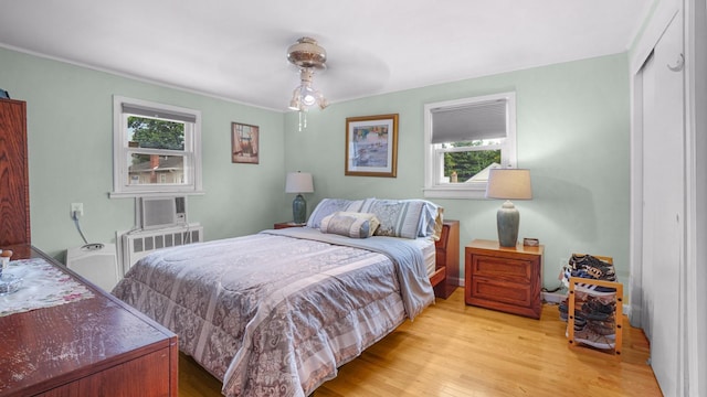 2334 Belmont Ave, Elmont, NY 11003 - bedroom featuring multiple windows, radiator heating unit, light wood-style flooring, and a closet