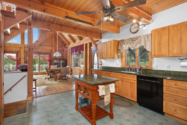 17 Conover Way, Lagrangeville, NY 12540 - kitchen with black dishwasher, wood ceiling, ceiling fan, decorative light fixtures, and dark stone countertops