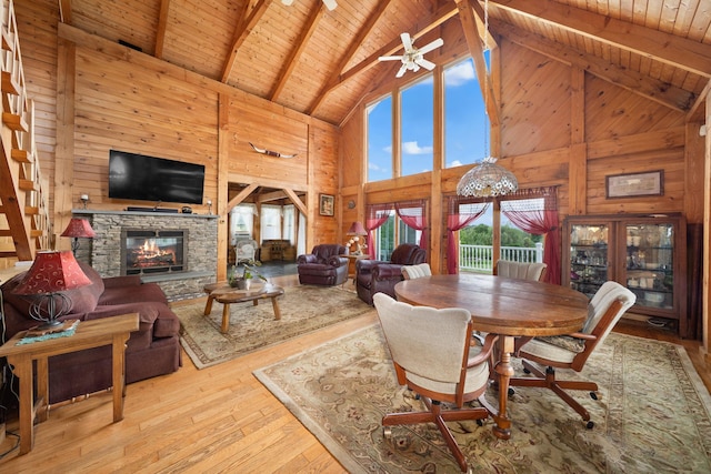 17 Conover Way, Lagrangeville, NY 12540 - dining room with high vaulted ceiling, wooden walls, a wood ceiling with exposed beams, healthy amount of natural light, and hardwood / wood-style floors