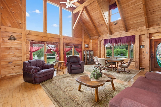 17 Conover Way, Lagrangeville, NY 12540 - living room featuring high vaulted ceiling, a wooden ceiling with exposed beams, hardwood / wood-style floors, wood walls, and healthy amount of natural light