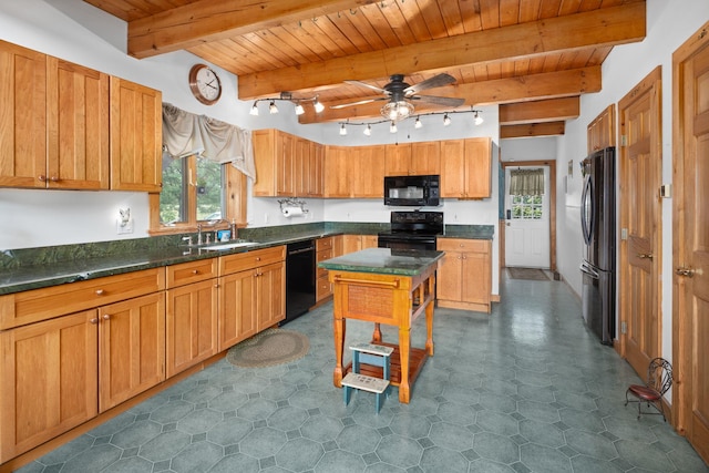 17 Conover Way, Lagrangeville, NY 12540 - kitchen featuring black appliances, a wooden ceiling with exposed beams, healthy amount of natural light, and a ceiling fan