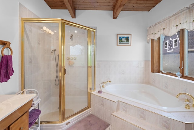 17 Conover Way, Lagrangeville, NY 12540 - full bathroom featuring a bath, vanity, a stall shower, and a wood ceiling with exposed beams