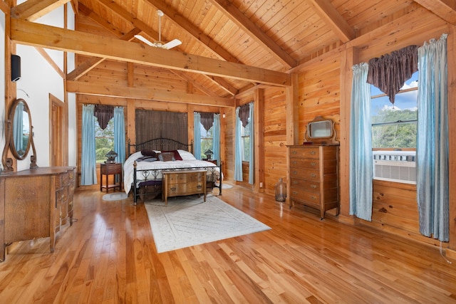 17 Conover Way, Lagrangeville, NY 12540 - bedroom featuring a wooden ceiling with exposed beams, multiple windows, hardwood / wood-style floors, wooden walls, and high vaulted ceiling