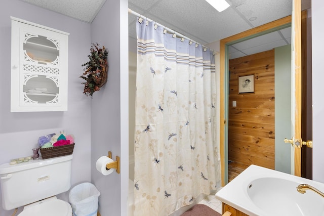 17 Conover Way, Lagrangeville, NY 12540 - bathroom with wood walls, a drop ceiling, and a shower with shower curtain