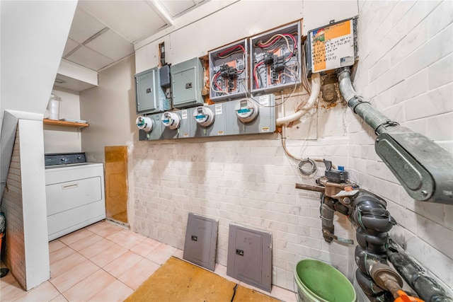 2162 24th St, Astoria, NY 11105 - kitchen featuring washer / dryer, open shelves, light tile patterned floors, and electric panel