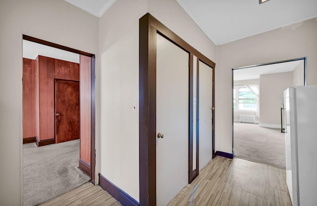 29 William St, Ossining, NY 10562 - hall with light carpet, radiator, and light wood-style flooring