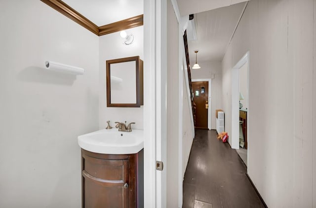 29 William St, Ossining, NY 10562 - bathroom featuring radiator, vanity, crown molding, and wood finished floors