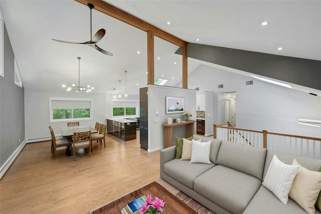 182 Arbor Crst, Somers, NY 10589 - living area with light wood-type flooring, high vaulted ceiling, a ceiling fan, a chandelier, and beamed ceiling