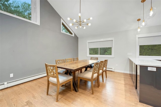 182 Arbor Crst, Somers, NY 10589 - dining room with a chandelier, high vaulted ceiling, light wood-type flooring, and a baseboard radiator