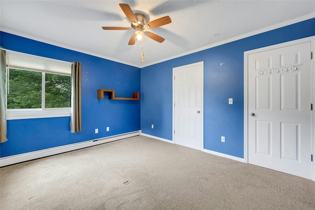 182 Arbor Crst, Somers, NY 10589 - unfurnished bedroom with a baseboard radiator, carpet, ornamental molding, and a ceiling fan