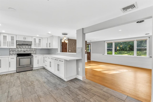8 W Ln, South Salem, NY 10590 - kitchen with stainless steel range with electric cooktop, light countertops, under cabinet range hood, glass insert cabinets, and white cabinetry