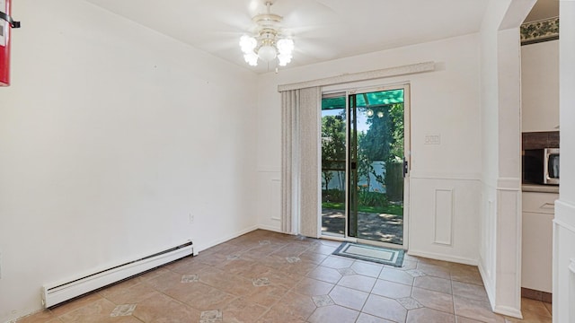 70 Wilson Ave, Mastic Beach, NY 11951 - doorway to outside featuring a baseboard radiator, ceiling fan, and light tile patterned floors