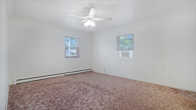 70 Wilson Ave, Mastic Beach, NY 11951 - unfurnished room with a baseboard heating unit, plenty of natural light, crown molding, a ceiling fan, and carpet floors