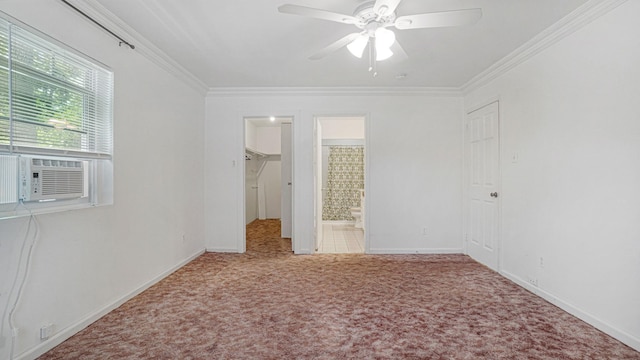 70 Wilson Ave, Mastic Beach, NY 11951 - unfurnished bedroom featuring ornamental molding, carpet flooring, cooling unit, ensuite bathroom, and ceiling fan