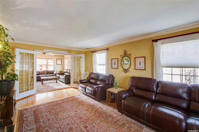 121 6th St, Hicksville, NY 11801 - living room with french doors, wood finished floors, and crown molding