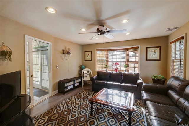 121 6th St, Hicksville, NY 11801 - living area with a ceiling fan, healthy amount of natural light, recessed lighting, and wood finished floors