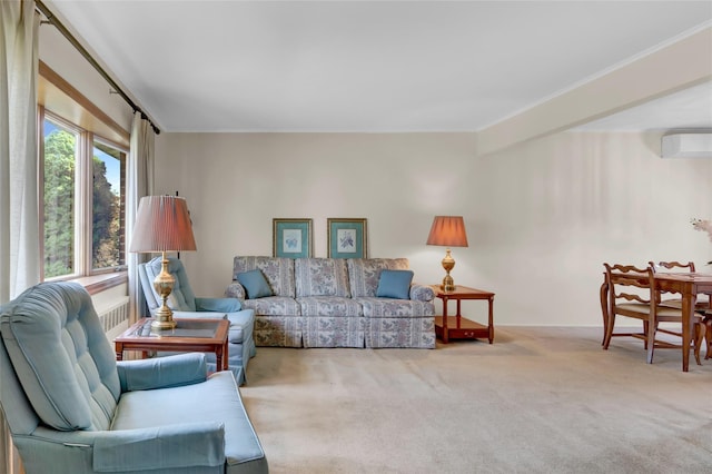 31 Amby Ave, Plainview, NY 11803 - living area featuring carpet floors, a wall mounted air conditioner, and ornamental molding