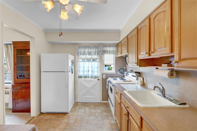 31 Amby Ave, Plainview, NY 11803 - kitchen with white appliances, radiator, a ceiling fan, light countertops, and ornamental molding