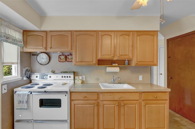 31 Amby Ave, Plainview, NY 11803 - kitchen with white electric range, light brown cabinetry, and light countertops