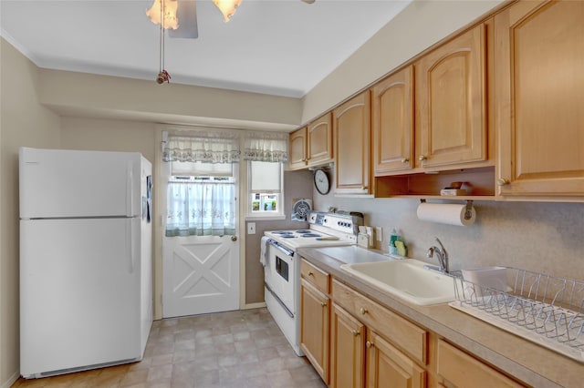 31 Amby Ave, Plainview, NY 11803 - kitchen featuring white appliances, light brown cabinets, light countertops, and light flooring