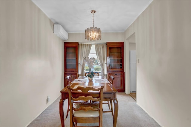 31 Amby Ave, Plainview, NY 11803 - dining area featuring light colored carpet, a wall mounted air conditioner, a chandelier, and crown molding