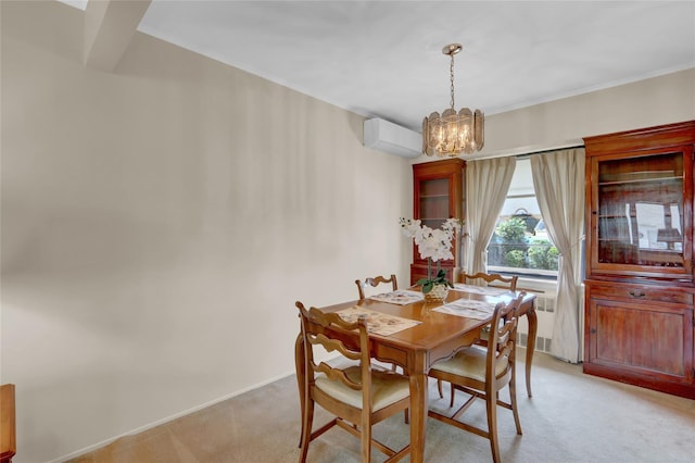 31 Amby Ave, Plainview, NY 11803 - dining room featuring light carpet, a chandelier, a wall mounted AC, and ornamental molding