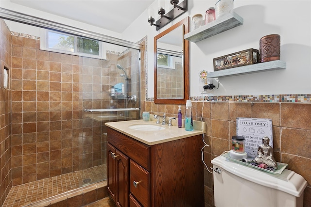 69 Ardell Rd, Bronxville, NY 10708 - bathroom with vanity, a shower stall, tile walls, and wainscoting