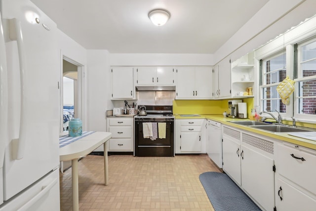 4 Aldine Park, Nyack, NY 10960 - kitchen featuring white appliances, under cabinet range hood, white cabinets, light countertops, and open shelves