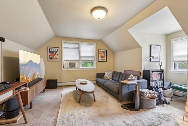 4 Aldine Park, Nyack, NY 10960 - carpeted living area with cooling unit, a baseboard radiator, vaulted ceiling, and baseboard heating