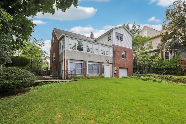 4 Aldine Park, Nyack, NY 10960 - back of house with brick siding, a garage, a yard, and a chimney