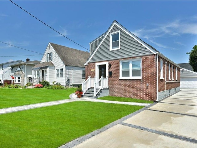 180 Evelyn Rd, Mineola, NY 11501 - bungalow-style house featuring brick siding, a front yard, and an outbuilding
