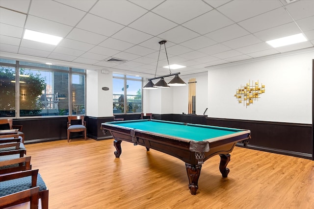 11201 Queens Blvd Unit 18D, Forest Hills, NY 11375 - game room with wainscoting, light wood-style flooring, billiards table, and a paneled ceiling