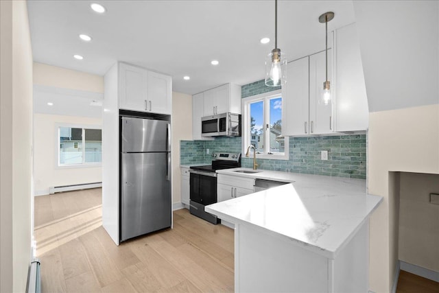 247 N Greene Ave, Lindenhurst, NY 11757 - kitchen featuring stainless steel appliances, baseboard heating, a peninsula, white cabinetry, and light wood-style flooring