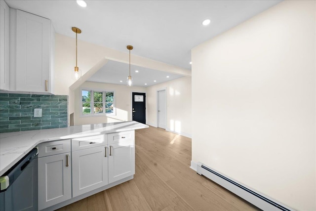 247 N Greene Ave, Lindenhurst, NY 11757 - kitchen with a baseboard heating unit, dishwasher, a peninsula, light wood finished floors, and recessed lighting