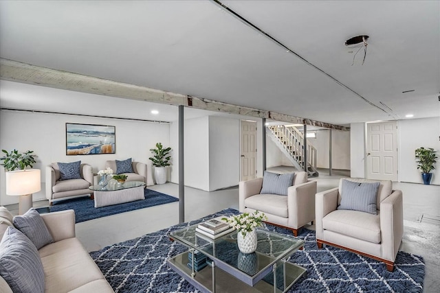 19 Dakota St, Hicksville, NY 11801 - living room with concrete floors and stairway