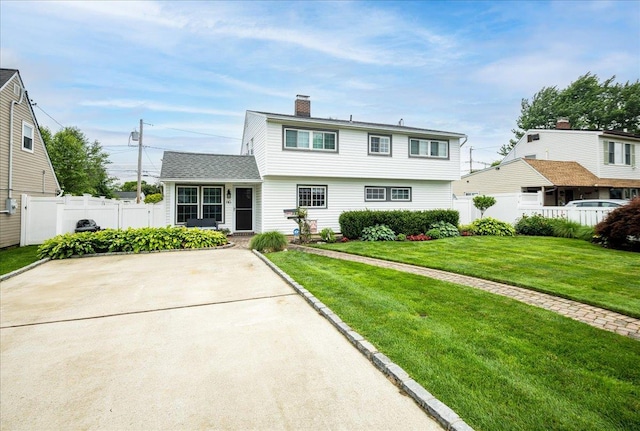 86 Shepherd Ln, Levittown, NY 11756 - colonial house featuring a chimney and a patio area