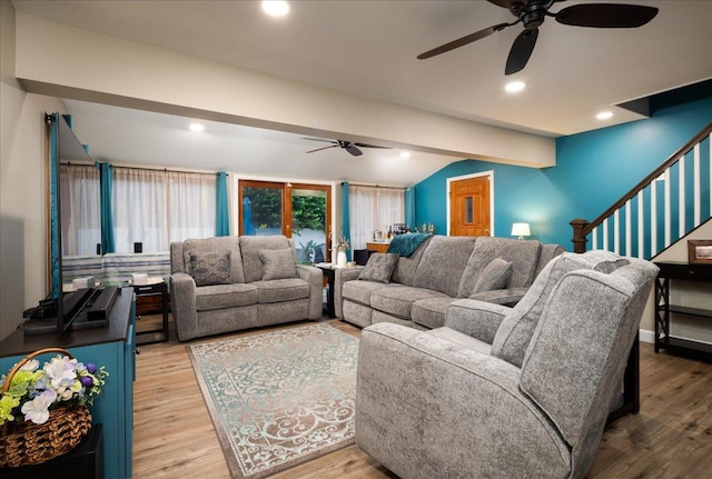 86 Shepherd Ln, Levittown, NY 11756 - living area featuring a ceiling fan, wood finished floors, stairway, and recessed lighting