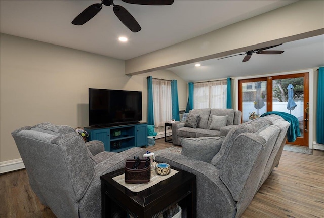 86 Shepherd Ln, Levittown, NY 11756 - living room featuring a ceiling fan, wood finished floors, lofted ceiling, and recessed lighting