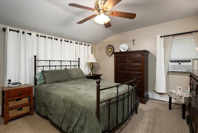 86 Shepherd Ln, Levittown, NY 11756 - bedroom featuring light colored carpet, vaulted ceiling, cooling unit, a ceiling fan, and multiple windows