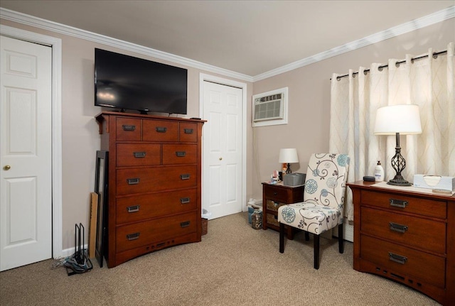 86 Shepherd Ln, Levittown, NY 11756 - sitting room featuring an AC wall unit, light carpet, and ornamental molding