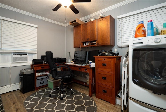 86 Shepherd Ln, Levittown, NY 11756 - office featuring washer / dryer, wood finished floors, crown molding, ceiling fan, and baseboard heating