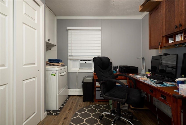 86 Shepherd Ln, Levittown, NY 11756 - home office featuring wood finished floors, washing machine and clothes dryer, crown molding, and cooling unit